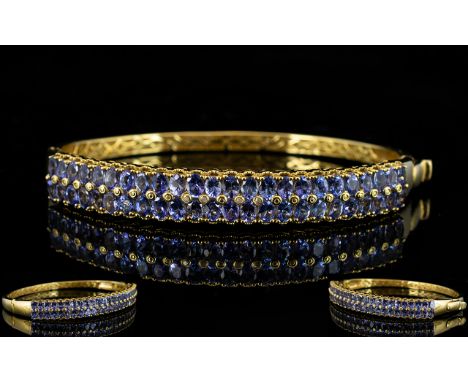 Tanzanite Double Row Hinged Bangle, two rows of oval cut tanzanites, totalling 9cts, set vertically across the front of the b