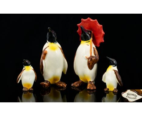 Beswick - Early 4 Piece Set of The Penguin Family. Comprises 1/ Penguin With Umbrella Model No 802, Designer A. Gredington, B