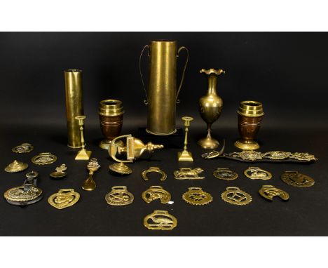 Collection Of Brass Saddle Decorations And Trench Art Comprising Door Knocker, Candle Sticks Saddle Decorations Etc. Please S