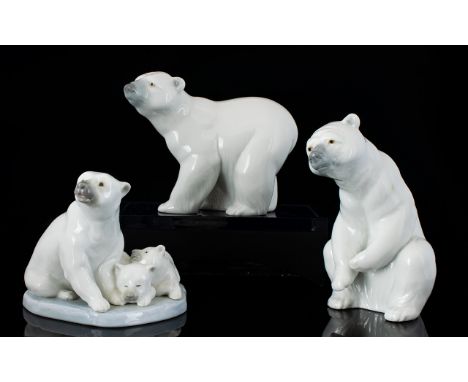 Lladro Porcelain Animal Figures ' Polar Bears ' ( 3 ) In Total. Comprises 1/ Polar Bear, Model No 1208, Issued 1972 - Retired