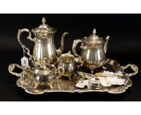 A Plated Coffee And Tea Service Comprising twin handle etched tray with accompanying teapot, coffeepot, sugar bowl and milk j