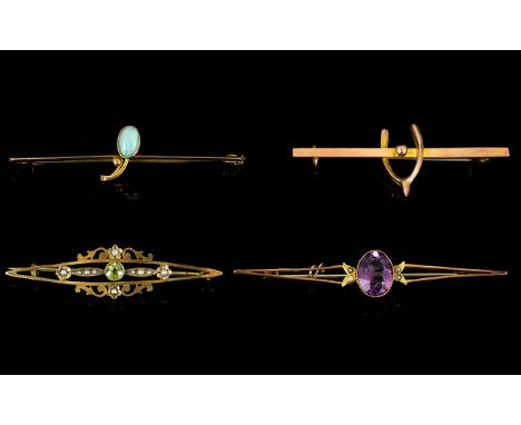 Edwardian and Victorian Period - Good Collection of Four ( 4 ) 9ct Gold Stone Set Brooches. Comprises 1/ Opal Set 9ct Gold Br