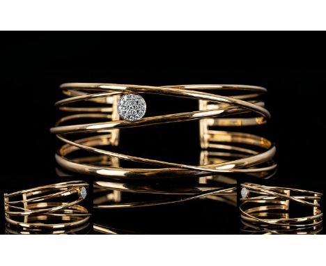 18ct Rose Gold - Contemporary Design Superb Quality Diamond Set Cuff Open Torque Bangle with Attached Pave Set Diamond Disc t