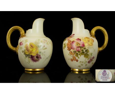Royal Worcester Blush Ivory Pair of Small Helmet Shaped Jugs Decorated with Painted Images of Spring Flowers on Blush Ivory G