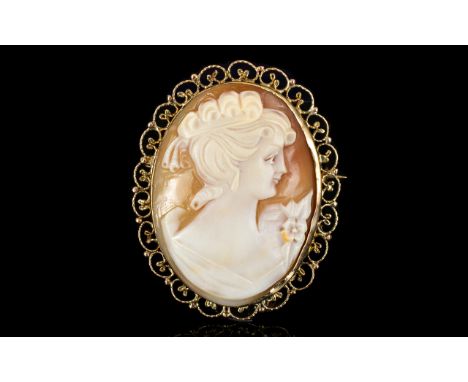 Antique Period 9ct Gold Mounted Oval Shaped Shell Cameo of Nice Quality, with Attached 9ct Gold Safety Chain. Depicts Portrai