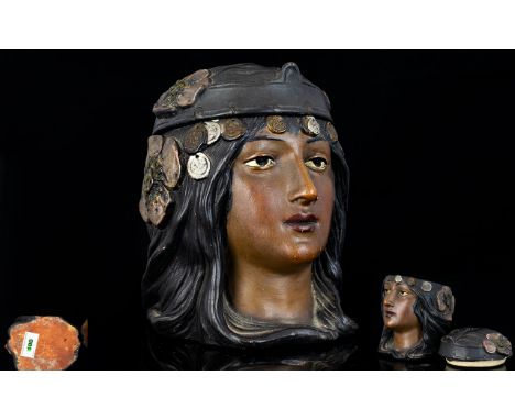 Art Nouveau - Superb Attractive Hand Painted Austrian Ceramic / Bisque Lidded Tobacco Jar, In The Form  / Shape of a Young Ar