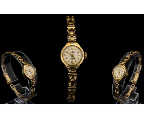 Technos -17 Jewels Incabloc Manual Wind Ladies 9ct Gold Bracelet Watch, Both Watch Case and Bracelet Fully Hallmarked for 9ct