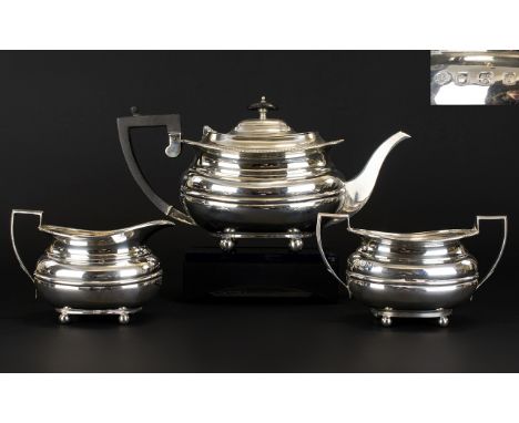 George V Solid Silver 3 Piece Tea Service, Ribbed Body Design. Raised on 4 Ball Feet. Hallmark Sheffield 1923. Maker S.H. Tea