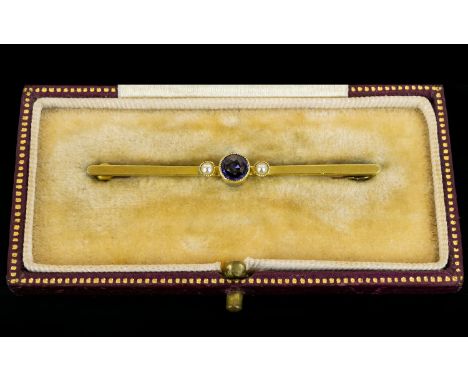 Antique 15ct Gold Attractive Lavender Sapphire and Seed Pearl Set Stick Brooch. Marked 15ct. In Original Elkington &amp; Co, 