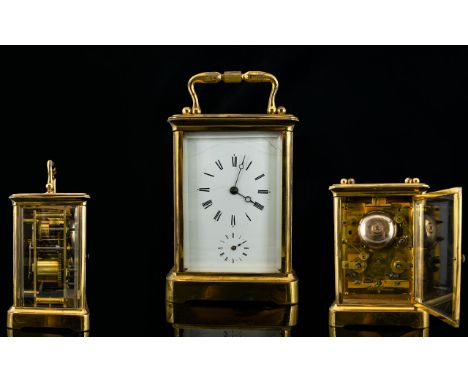 Antique Period Large Brass Lacquered Carriage Clock with Alarm - Strikes on a Bell and Secondary Dial. Visible Escapement, Gl