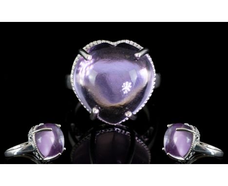 Rose de France Amethyst Large Solitaire Ring, 20cts of Rose de France amethyst, cabochon cut in a deep heart shape, with a na