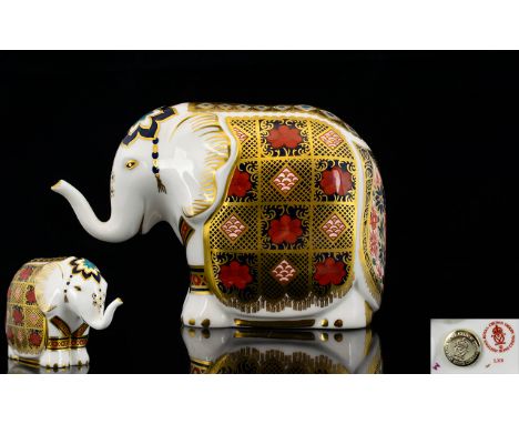 Royal Crown Derby Imari Pattern Elephant Paperweight ' Small Elephant ' African Style Ears and Raised Trunk, Richly Gilded an