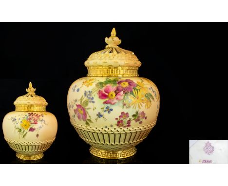 Royal Worcester - Persian Style Fine Quality Hand Painted Blush Ivory Pot Pouri, Decorated with Painted Images of Spring Flow