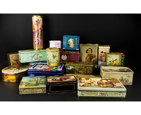 Collection Of Tins 21 In Total - To Include Tins With Hunting Scenes, Floral Patterns, Anthropomorphism, McVitie's Biscuit Ti