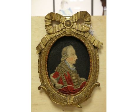 19th century Oval Carved and Painted Wax Side Profile Portrait, probably George III, contained within an Ornate Gilt Frame, s