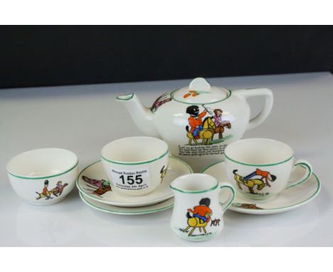 Art Deco Child's Ceramic ' Corona ' Part Tea Set decorated with a Nursery Rhyme and Children's Toys on Horseback comprising T