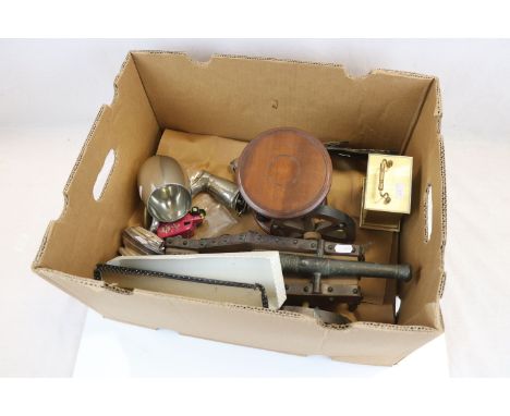 Mixed Lot including Egg Timer, Carriage Clock, Horse Brasses, Enamel Egg Box, Pair of Silver Plated Hunting Boot Measures, Ro