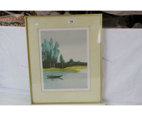 Limited edition contemporary coloured print, figure in a boat on a river, 9/200, indistinctly signed in pencil