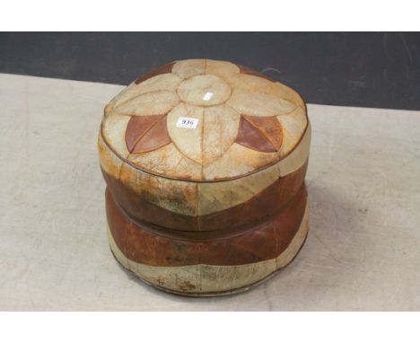 Retro Straw Filled Leather Pouffe, approx. 45cms diameter x 40cms high
