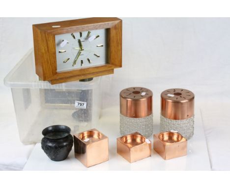 Three Danish Broste Copenhagen Copper Square Candleholders, Pair of Retro Copper and Glass Lampshades, Wooden Cased Toshiba Q