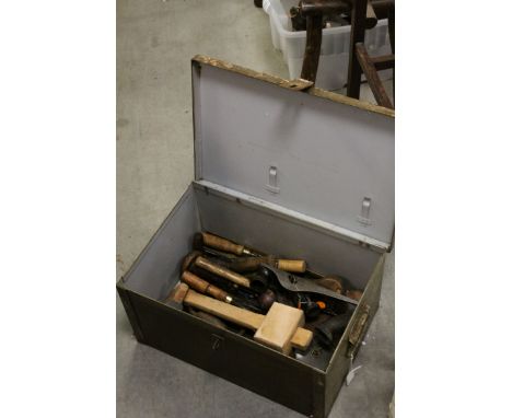 Vintage metal box containing wood working tools 
