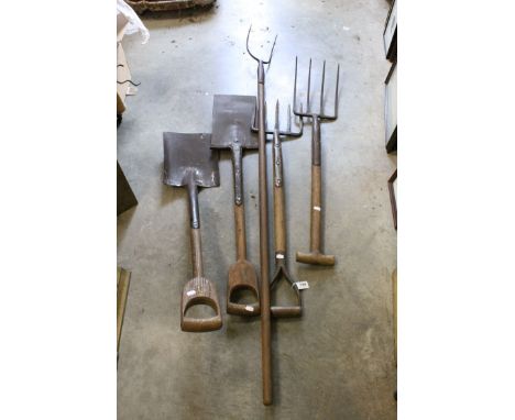 Five Vintage Wooden Handled Tools including Two Spades, Two Forks and a Hay Fork