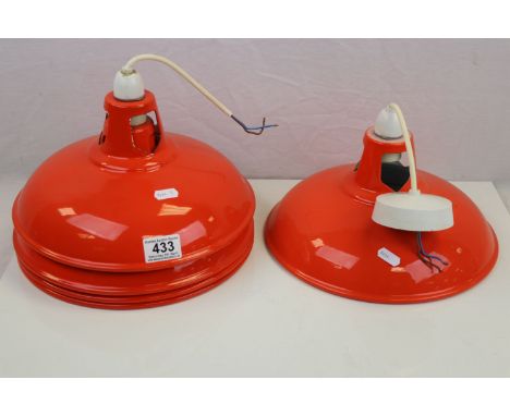 Five Retro Red Enamelled Metal Office / Industrial Light Shades, 28cms diameter