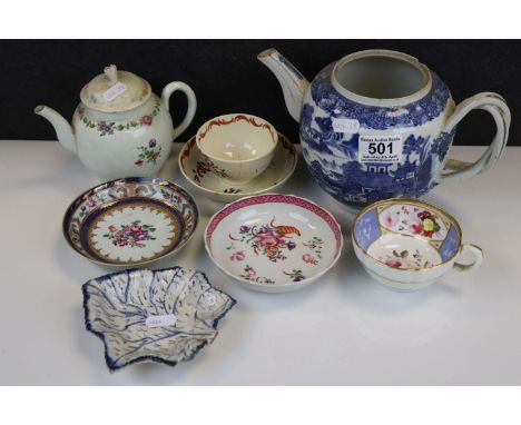 Collection of 18th and 19th century Ceramics including a First Period Worcester Teapot (replaced lid), Newhall Saucer, Pickle