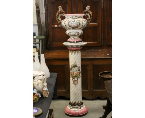 Large Late 19th century Austrian Eichwald Ceramic Jardiniere on Stand with moulded decoration in the Classical Style, approx.