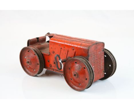 Vintage Clockwork Tri-ang Red Farm Tractor, model No. 2, 20cms long