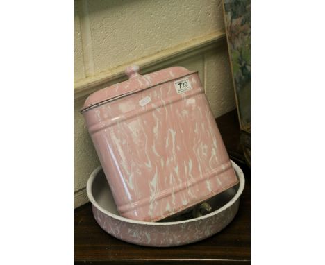 19th / Early 20th century Pink Mottled Enamel Hanging Water Dispenser with Tap 35cms high together with a matching Wall Hangi
