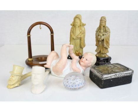 A box of mixed collectables to include clay pipes, trinket box and a paper weight.