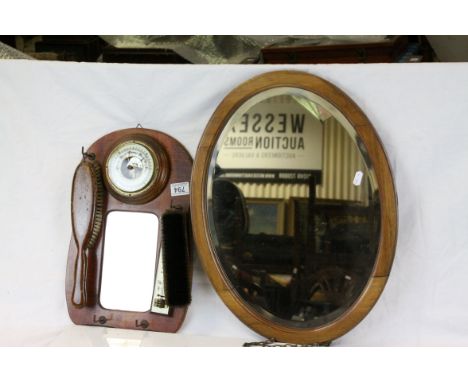 Early 20th century Oval Mahogany Framed Mirror, Wooden Hall Mirror with Clothes Brushes and Barometer plus a Brannan Thermome