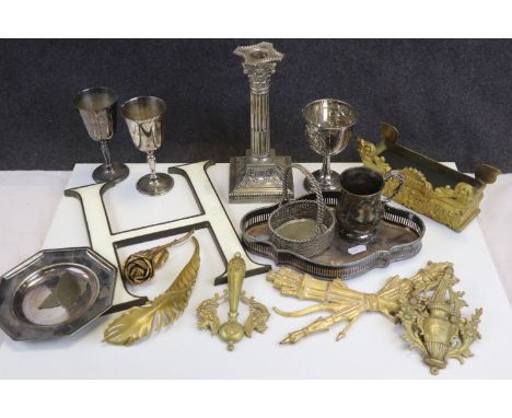 Collection of Metalware including Gilt Metal Plant Trough, Silver Plated Corinthian Column Candlestick, Large Letter ' H ' to