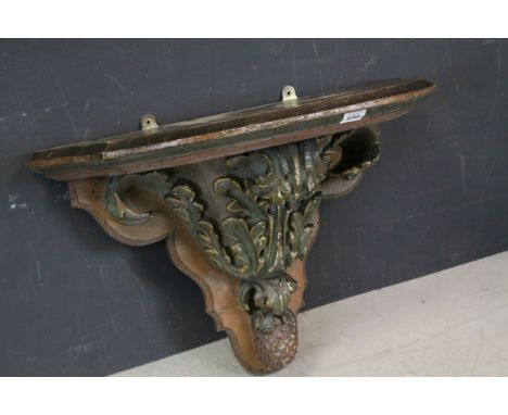 Painted Carved Pine Hanging Shelf / Bracket with Shaped Top and Bracket carved with Scrolling Acanthus Leaves terminating in 