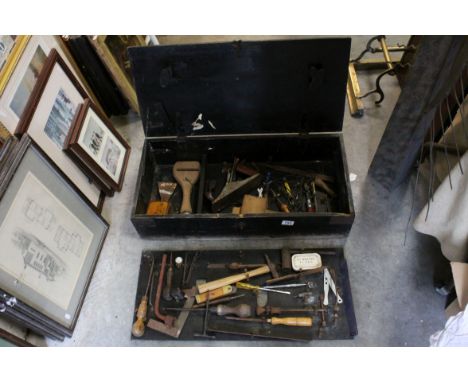 Wooden Tool Box with Two Layers of Hand Tools, some with Wooden Handles
