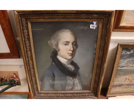Attributed to Frances Cotes R.A. (1726 - 1770) Portrait of a gentleman, half length, wearing a grey coat, with a black fur co
