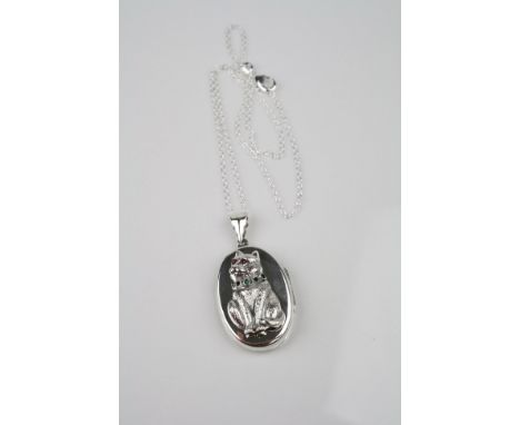 Silver locket on chain with embossed image of a cat with ruby eyes and emerald collar 