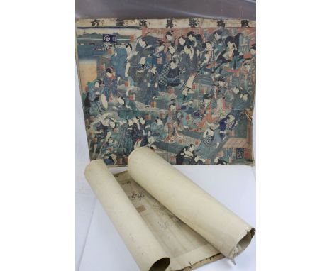 Three Rolled Japanese / Chinese Pictures including a sectional watercolour painted on rice paper and laid onto paper, 72cms x