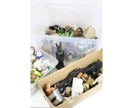 Three boxes of mixed collectables to include paperweights, ceramic pill boxes and ornaments.