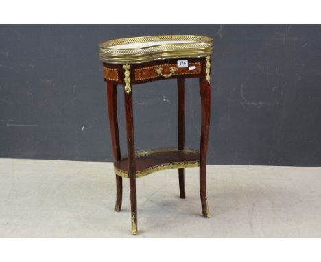 French Veneer Kidney Shaped Side Table, the marble top with pierced gilt metal gallery rail, single drawer and shelf below wi