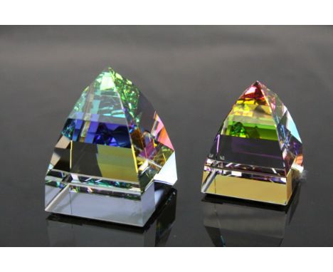 Two Swarovski Crystal Pyramid Paperweights to include a large Inn Green and a Vitrail Light