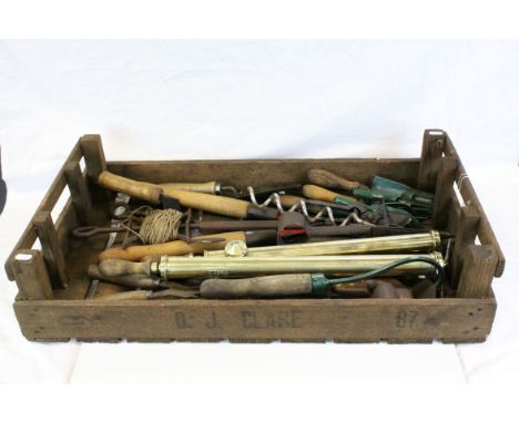 Vintage Wooden Apple Crate containing a quantity of mixed Garden and Hand Tools