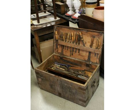 Early 20th century Iron Bound Pine Tool Box, fitted to the interior with various tools including Wooden Handled Marples and o