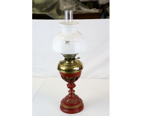 GWR Waiting Room Cast Iron Oil Lamp Base with Brass Well, Opaque Glass Shade and Chimney, stamped GWR to base (converted to e