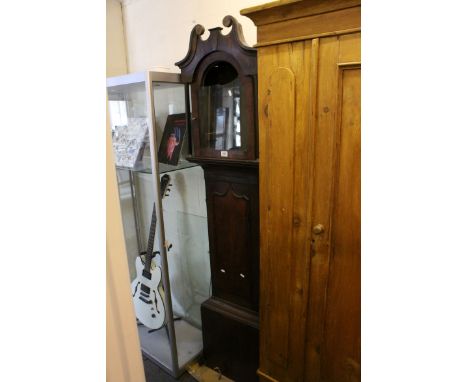 19th century Oak and Mahogany Longcase Clock with broken swan neck pediment, the arched painted face marked ' Newark ' 201cms