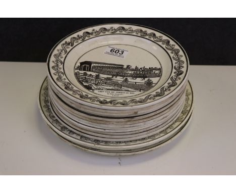 Collection of Fifteen Early 19th century French Creil Creamware Plates with Transfer Print Monochrome decoration, each with t