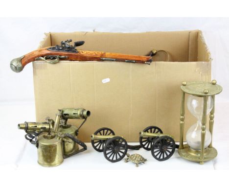 Collection of Brassware including Large Egg Timer, Two Blow Torches, Fire Irons, etc