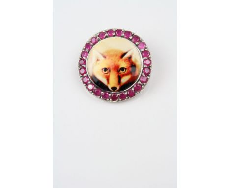 Silver Brooch with Central Porcelain Panel depicting a Fox with Ruby Surround.