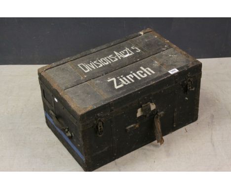 19th century Pine Canvas Covered Travelling Trunk, metal bound, marked to lid ' Divisions-Artz 5 Zuricjh ', 59cms long x 33cm